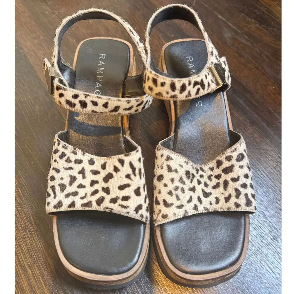 Rampage | Vintage Y2K Leopard Wedge Platform Square Toe Sandals Leather Fur Sz 7